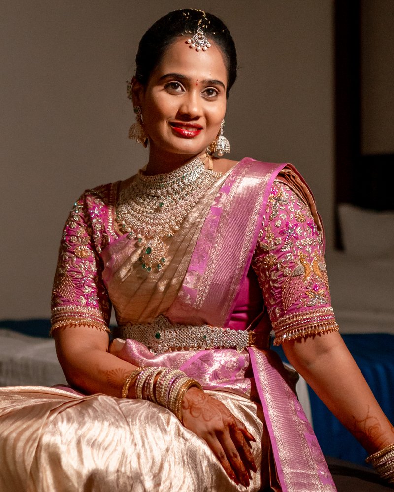 Engagement makeup look in pink and gold saree